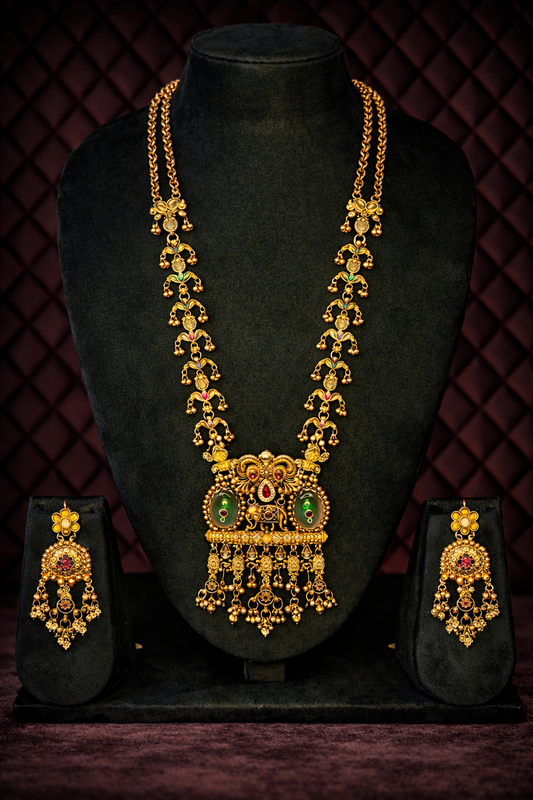 Elegant Antique Gold Long Necklace Set with Heritage Motifs