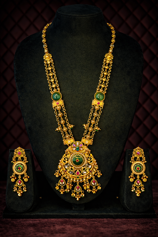 Majestic Antique Gold Long Necklace Set with Statement Pendant