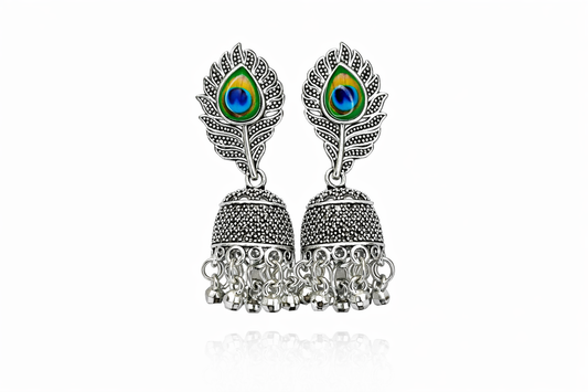 Oxidised Peacock Feather Earrings
